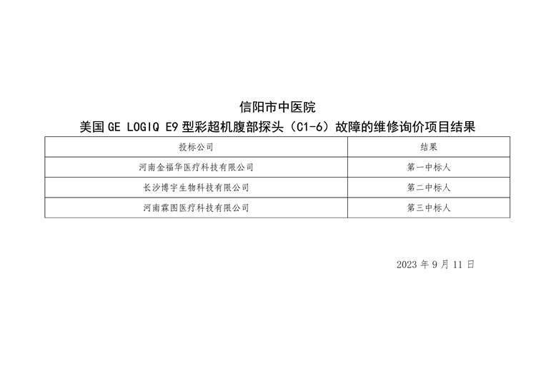信陽市中醫(yī)院美國(guó) GE LOGIQ E9型彩超機(jī)腹部探頭（C1-6）故障的維修詢價(jià)項(xiàng)目結(jié)果